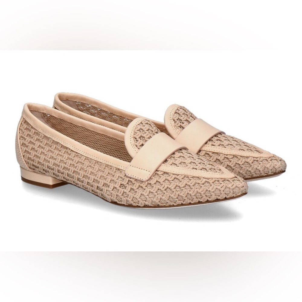 AGL Blanca Plots Moc Pointed Toe Flat Loafer Woven Leather Trim Beige Sz 36.5